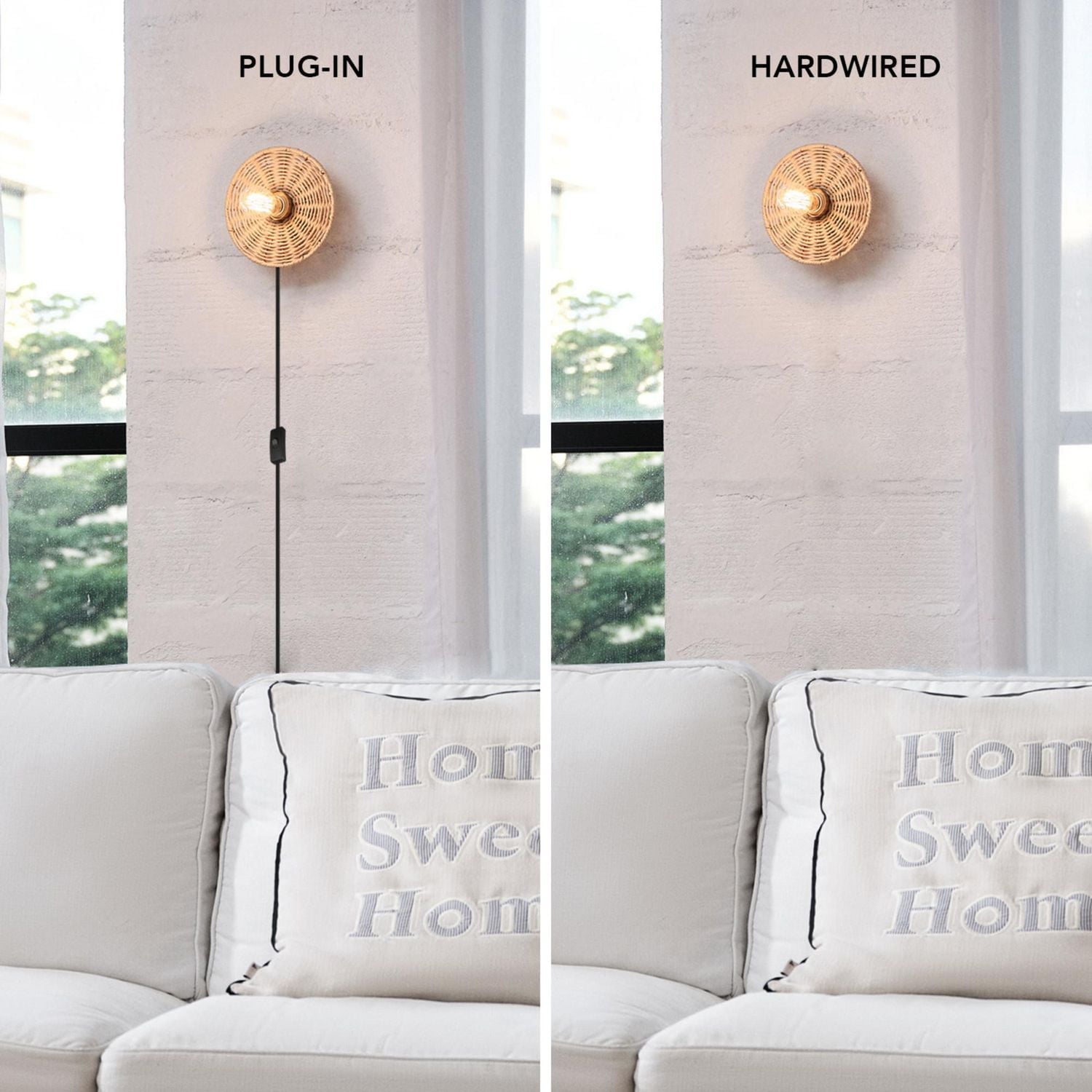 1-Light Plug-In or Hardwire Wall Sconce with Natural Twine Blackplate, 91004441