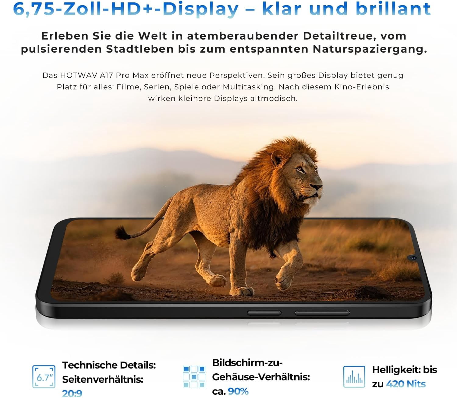 HOTWAV A17 Pro Max Mobile Phone 6.75 Inch HD , 16GB 256GB/1TB TF Android 15 Smartphone 5160 mAh Battery Quick Charge, Dual SIM 4G Mobile Phones,silver
