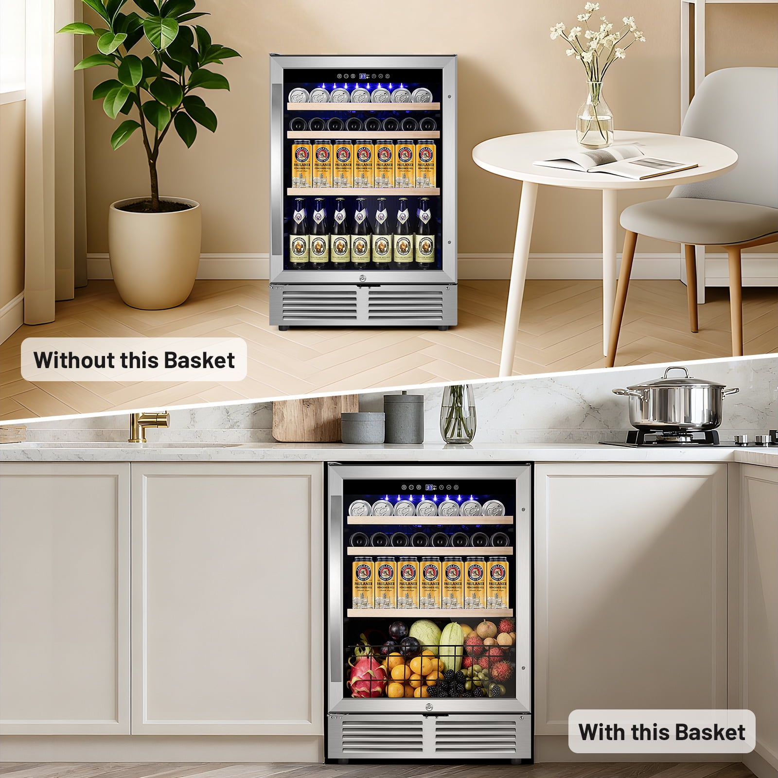 TITTLA 24 inch Beverage Refrigerator,180 Cans Under Counter Refrigerator with Glass Door for Kitchen Bar Office,Silver