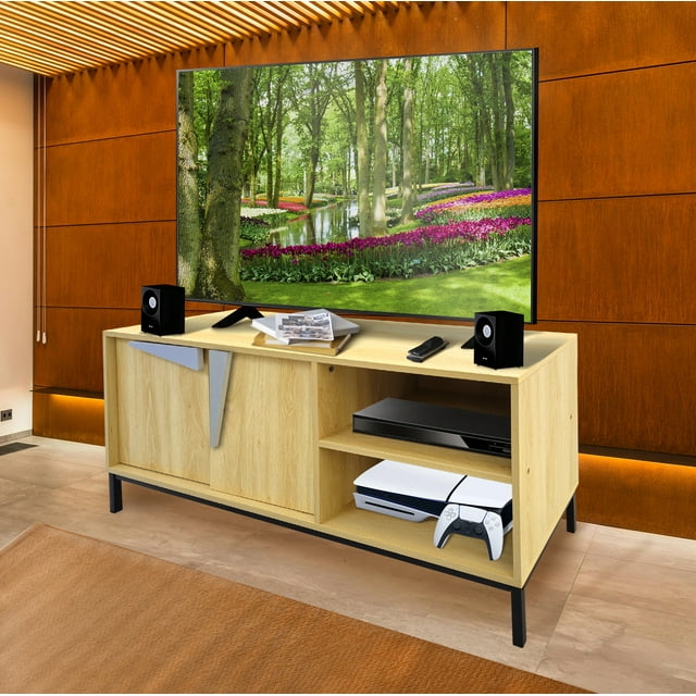 RED VELVET Mueble para TV Moderno, Color Madera Clara, 2 Estantes y 2 Puertas, Base Metálica Negra
