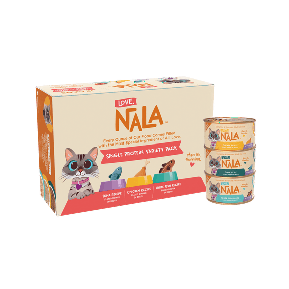 LOVE, NALA - Single Protein - Natural Adult Cat Wet Food - Grain Free, Non-GMO, Prebiotic Fiber, Vitamins, Minerals (12 cans, Variety Pack)
