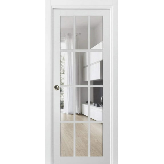 Sliding French Pocket Door with Clear Glass 12 Lites | Felicia 3355 White Silk | Kit Trims Rail Hardware | Solid Wood Interior Bedroom Sturdy Doors