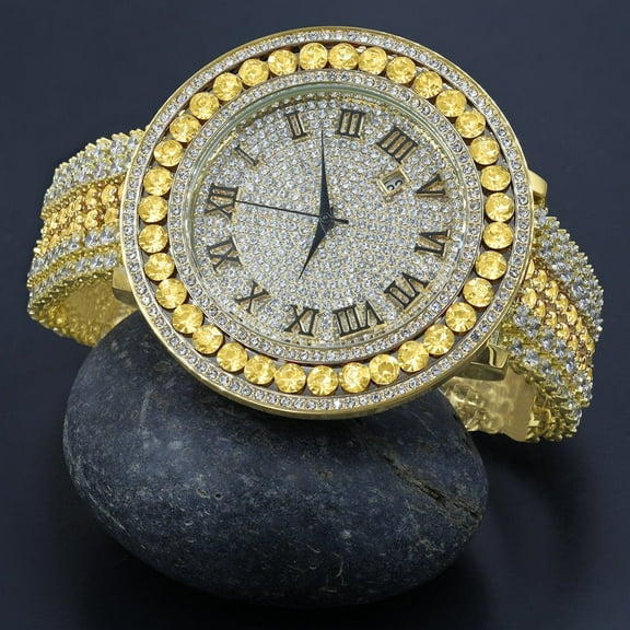 Gold Canary Roman Numeral Dial Big Face Black Onyx Simulated Diamond Mens Jo Rodeo Adjustable Size Band Custom Watch