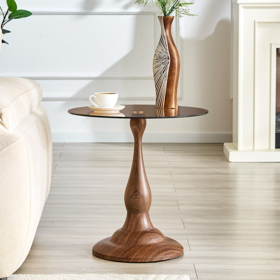 19.6" Round Side Table, Brown Tempered Glass Top with Walnut Metal Base, Modern End Table, Nightstand, Sofa Table for Living Room Bedroom