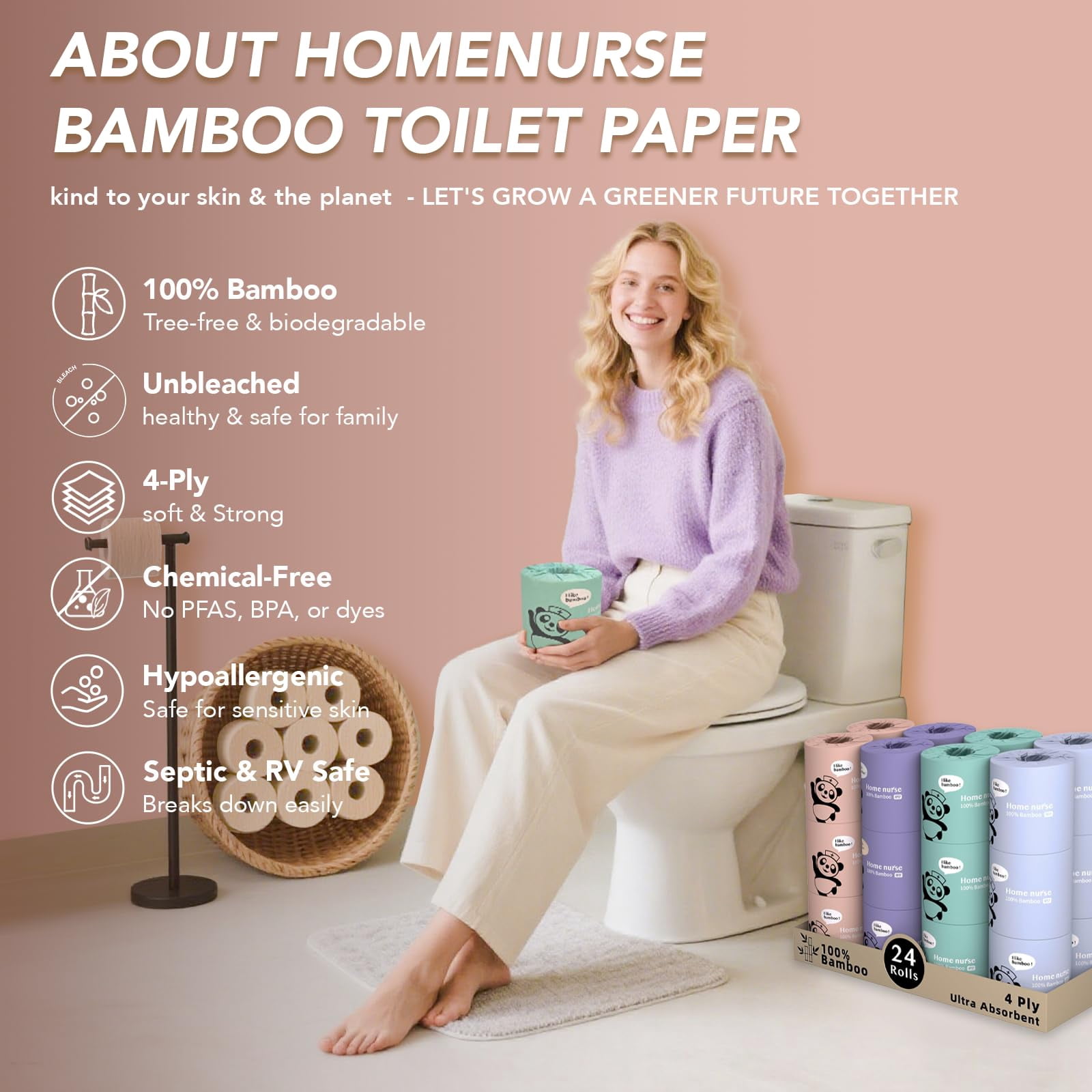 Home Nurse Bamboo Toilet Paper, 4-Ply, Ultra Absorbent, Unbleached