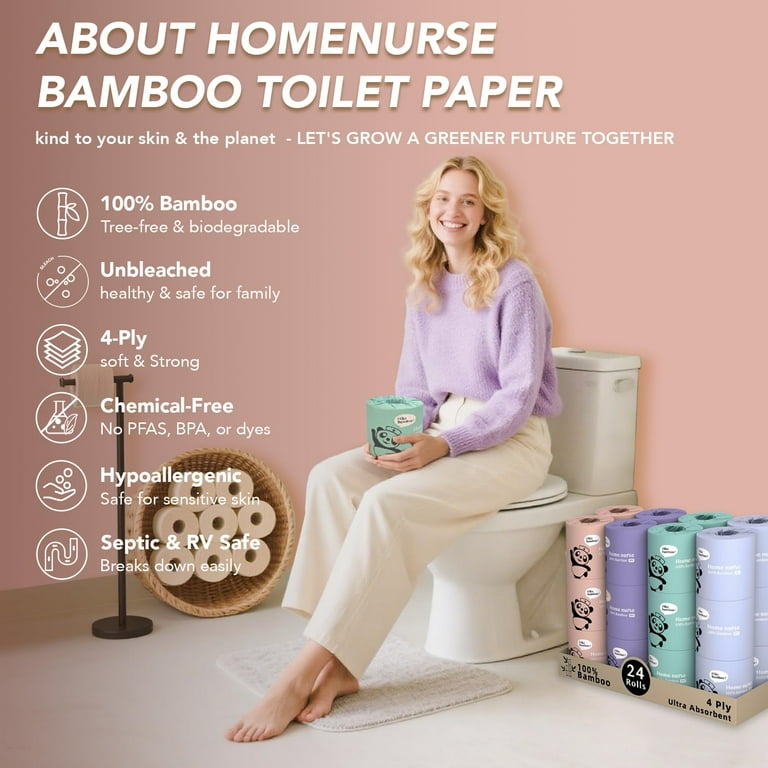Home Nurse Bamboo Toilet Paper, 4-Ply, Ultra Absorbent, Unbleached