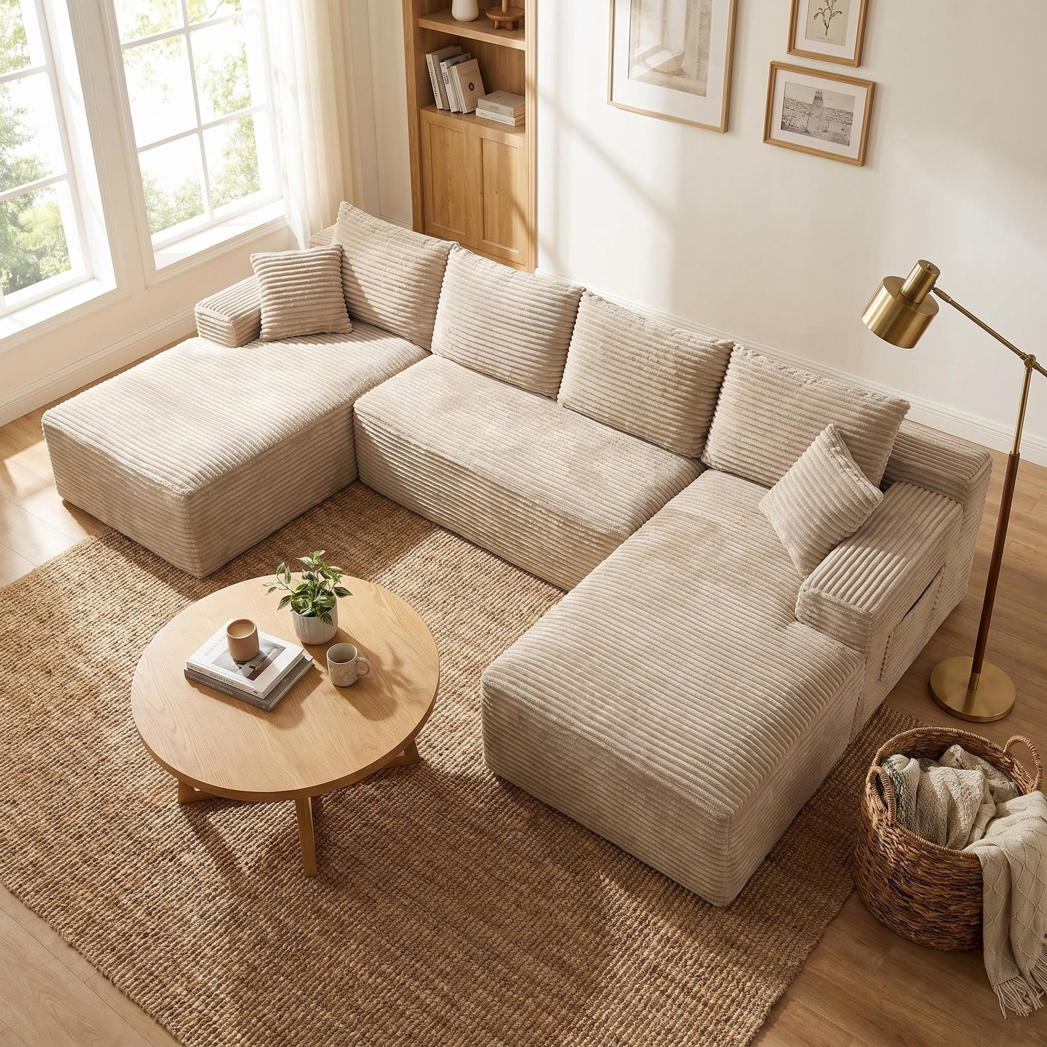 Compressed Boneless Sofa Set with Chaise Lounge, Upholstered Corduroy Couch for 5-6, U-Shaped Modular Sectional Sofa