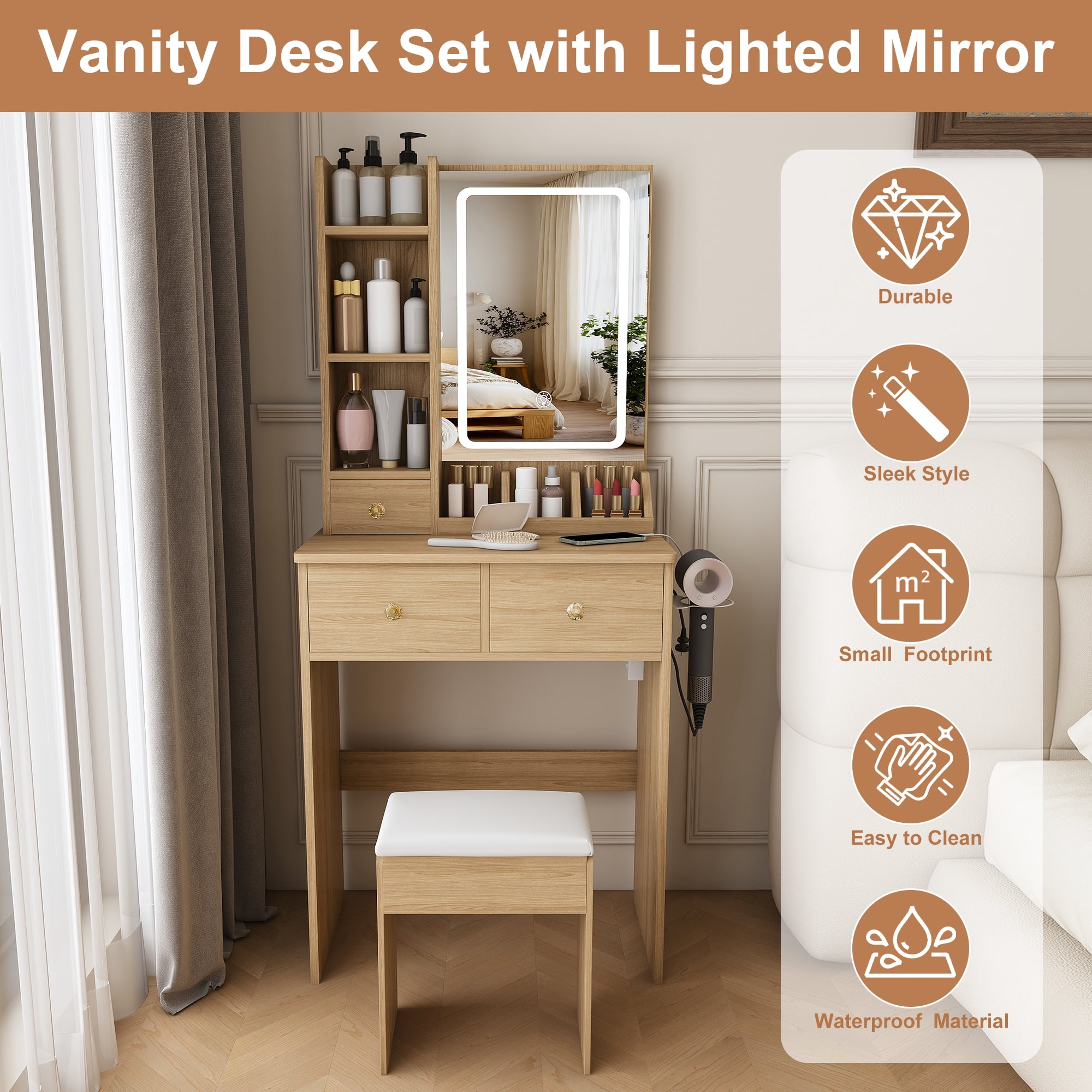 Mintazer Makeup Vanity Table with LED Lighted Mirror, Charging Station & Hair Dryer Holder, Dressing Table with Padded Stool & 5 Drawers Open Storage Shelves for Bedroom, Natural