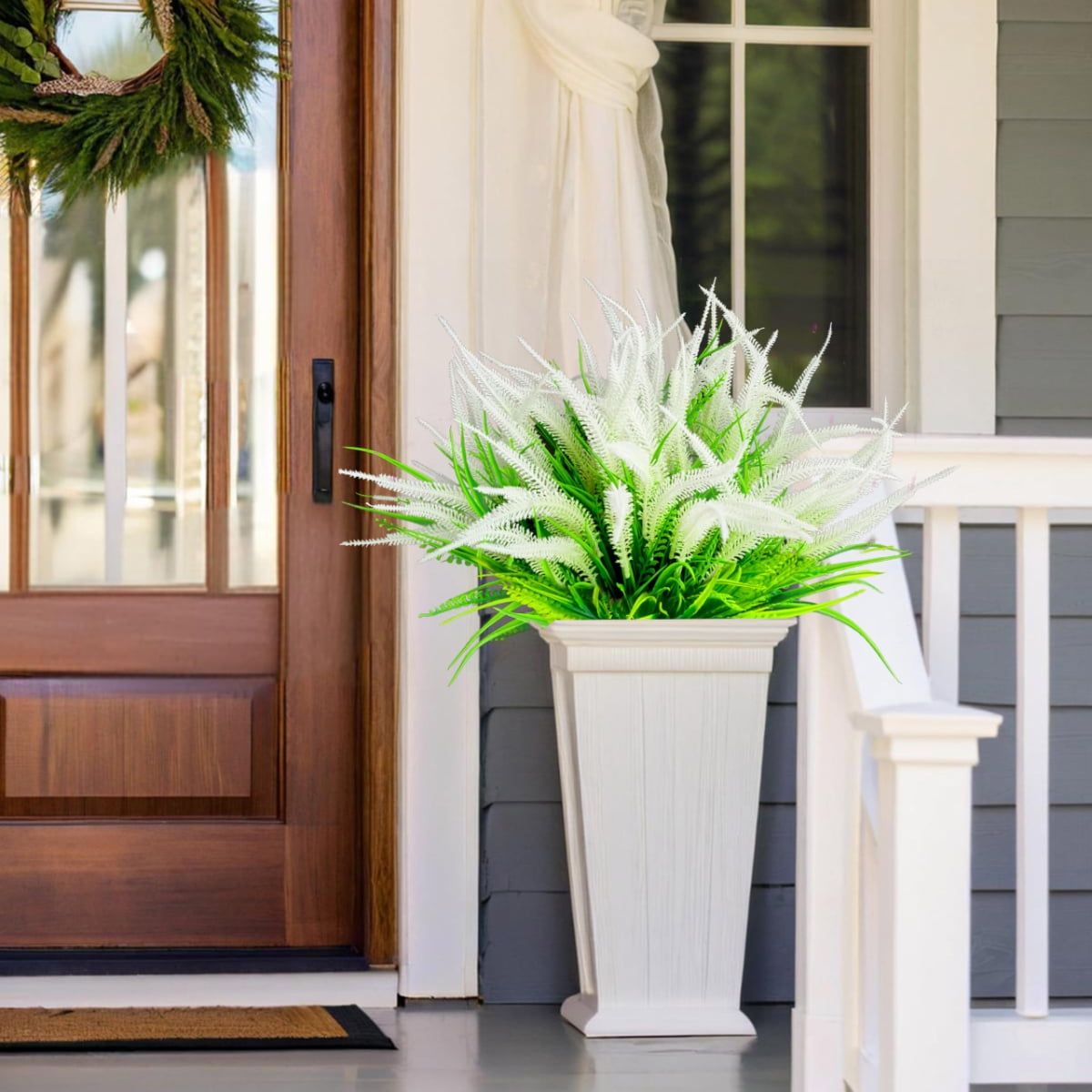 15 Bundles Outdoor Artificial Plants Artificial Flower Outdoor UV Resistant Fake Boston Ferns White Flower Faux Plant Greenery Outside Indoor for Home Porch Pathway Office Yard Garden Décor