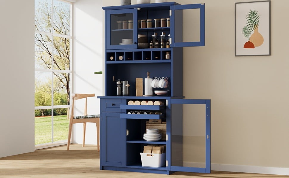Farmhouse Freestanding Buffet with Hutch, Tall Kitchen Pantry Storage Cabinet with Wine Rack, Adjustable Shelves and Glass Doors for Dining Room, Blue
