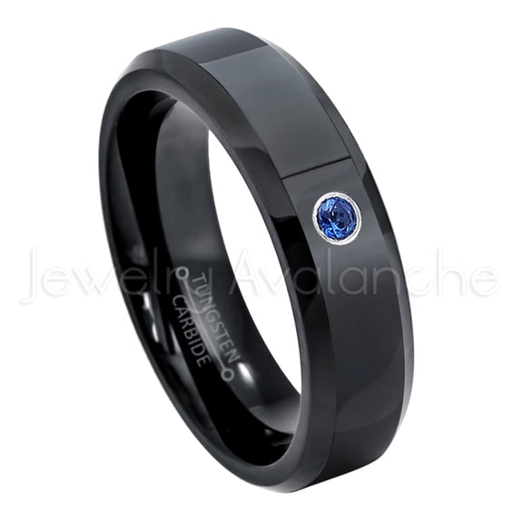 6mm Comfort Fit Beveled Black Tungsten Ring - 0.07ct Solitaire Blue Sapphire Ring - Personalized Tungsten Wedding Ring - Custom Made September Birthstone Ring TN086BS