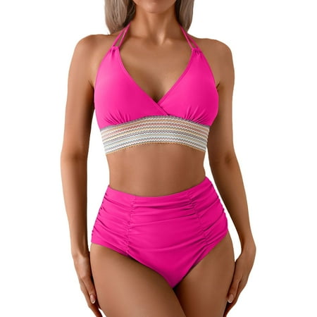 Divhosrg High Waisted Swimsuits for Women  Bikini Sets for Women Cheeky  Women Bathing Suits Tummy Control  Women s Swimwear Tankini Separates  Hot Pink Swimsuits for Women 2 Piece M