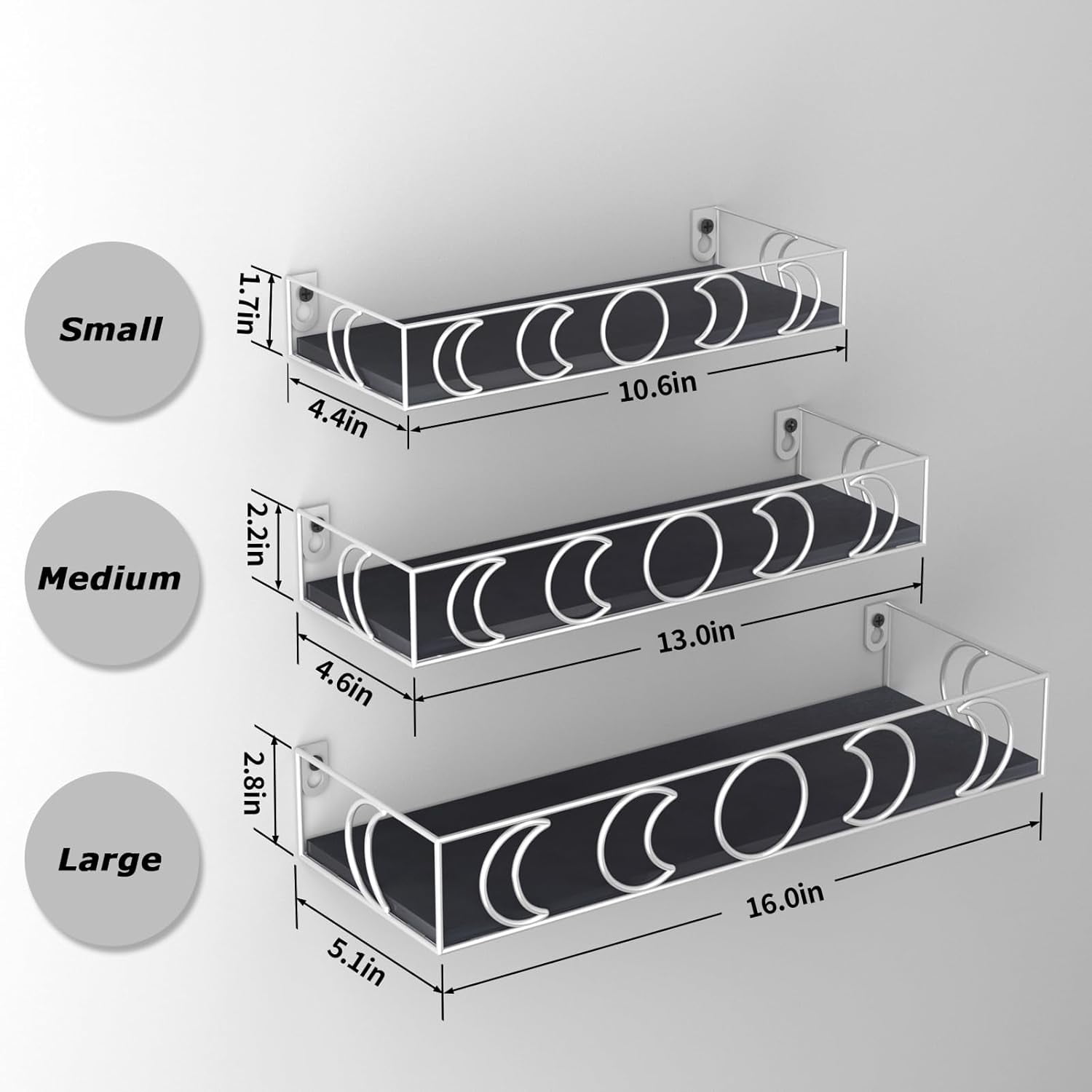 Moon Phase Floating Shelves Black Silver, Set of 3 Small Decorative Wall Shelves for Book Plant Storage, Crystal Figurine Collectibles Display Shelf for Bedroom Kid Room