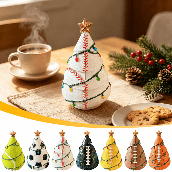 Sports Ball Christmas Tree Decor, LED Lighted Holiday Decor with Topper Star, Unique Gifts for Sports Lovers, Christmas Ornament for Tabletop Holiday Party Indoor Desks, C