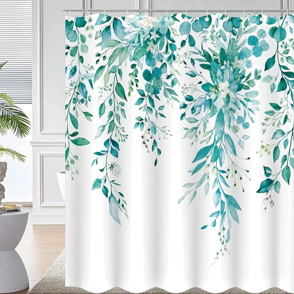 Teal Eucalyptus Shower Curtain Watercolor Floral Plant Leaf Shower Curtains for Bathroom Botanical Flower Waterproof Fabric Bath Curtain Decor with Hooks (Teal, 72'''' x 72'''')