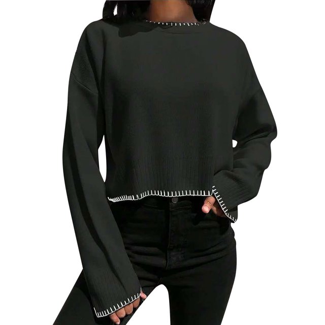 Chandail Court pour Femmes 2025 - Tricot Épais / Manches Longues Col Rond Haut d'Hiver