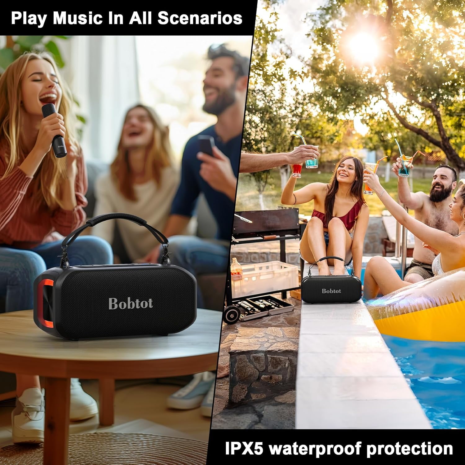 Bobtot Portable Bluetooth Speaker with 2 Wireless Microphones IPX6 Waterproof Karaoke Machine Home Speaker System for Adults Kids Home & Outdoor Party with Handle and RGB