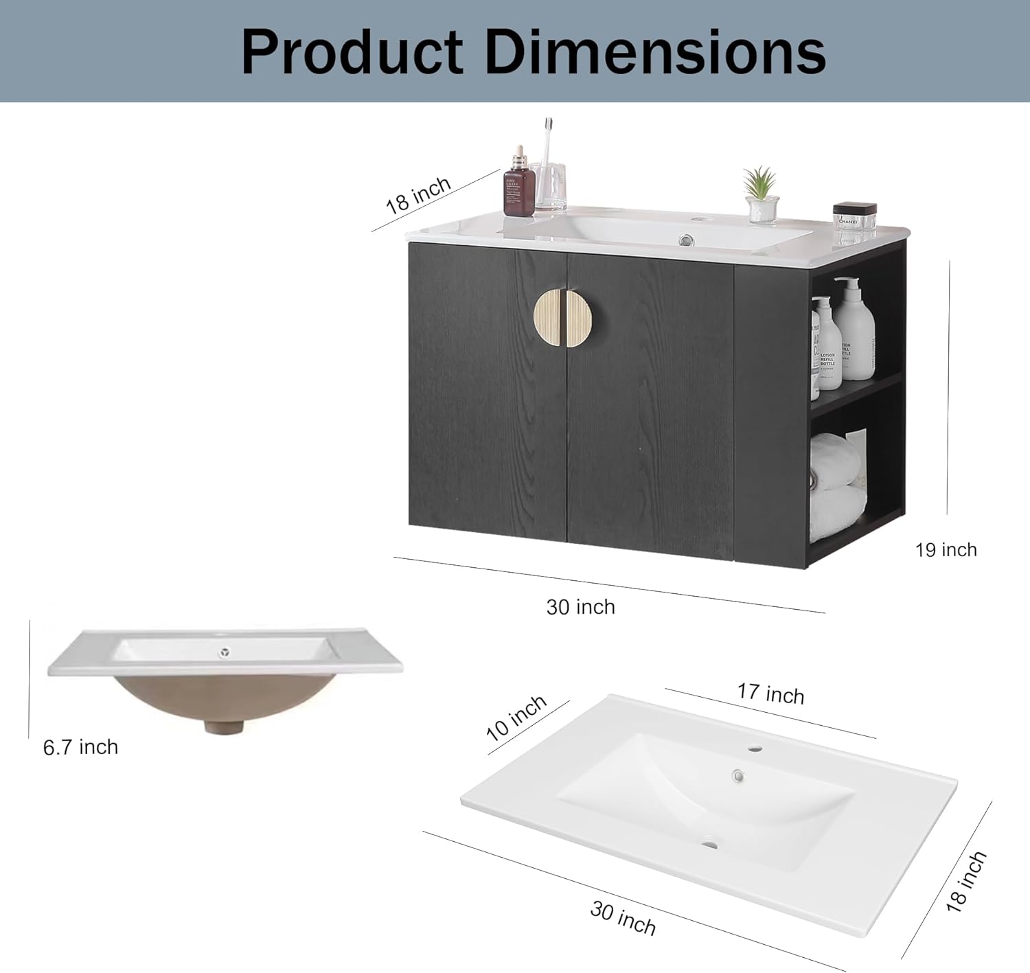 30-Inch Floating Bathroom Vanity With Sink - Wall Mounted Oak Cabinet With Soft Close Doors & Shelf