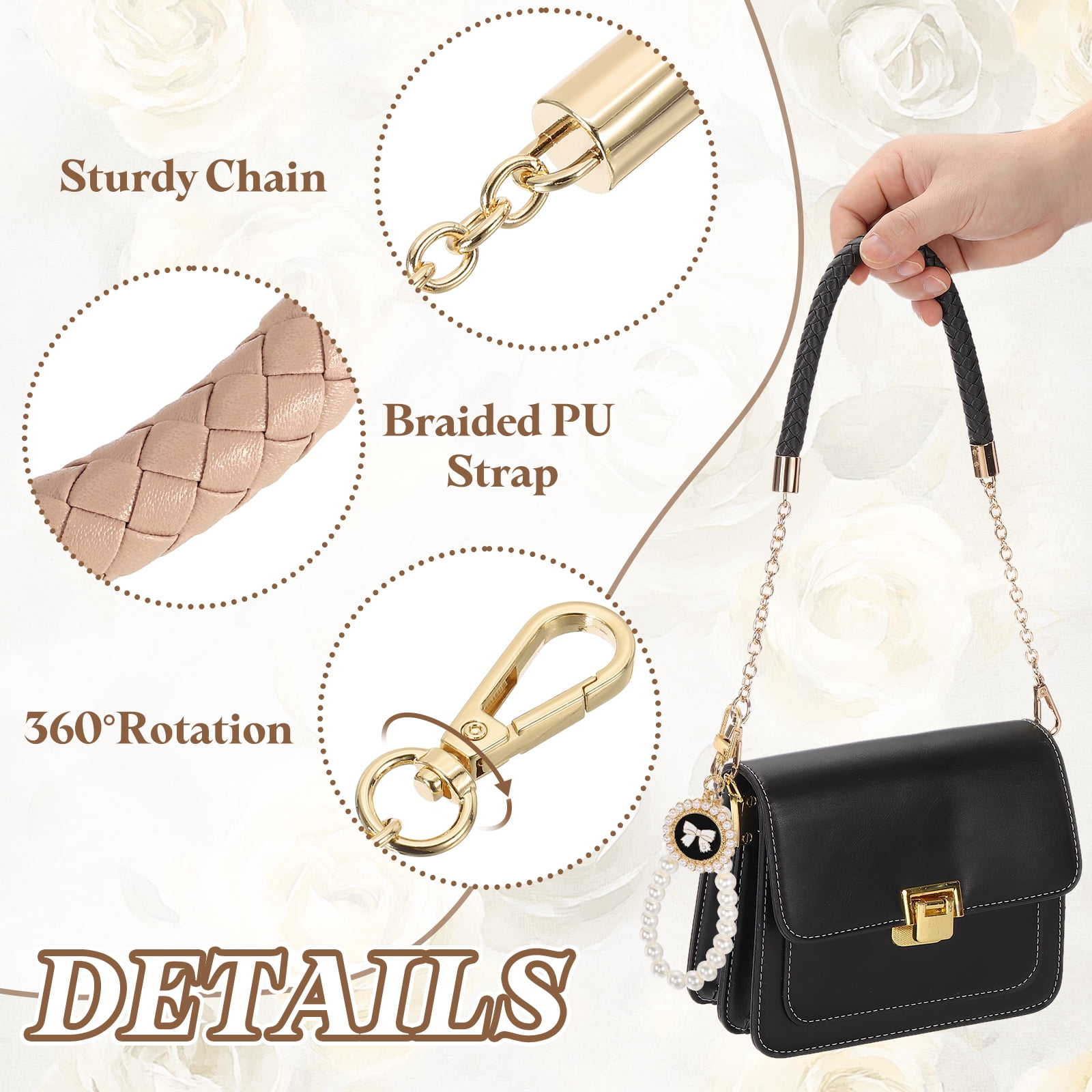 Uxcell 2 Pcs PU Leather Chain Purse Strap, 23.6 Inch Braided Purse Handles Replacement Strap with Pearl Pendant for Tote Bag Handbag Underarm Bag (Pink, Light Gold Chain)
