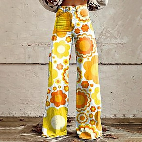 Women's Casual Pants Wide Leg Pants Women'S High Waisted Flower Patterned Pants Lightweight And Loose Casual Colorful Pants Heavyweight Pants,Yellow Women's Casual Pants L