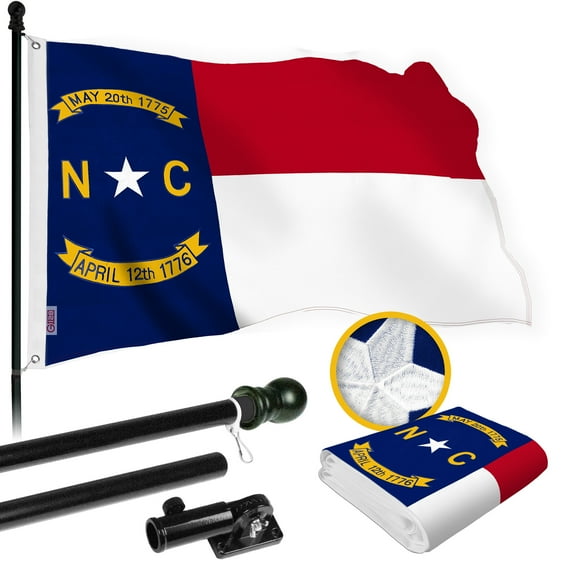 G128 Combo Pack: 5 Ft Tangle Free Spinning Flagpole (Black) & North Carolina Flag 2x3 Ft Embroidered 220GSM Spun Polyester, Brass Grommets (Flag Included) Aluminum Flag Pole