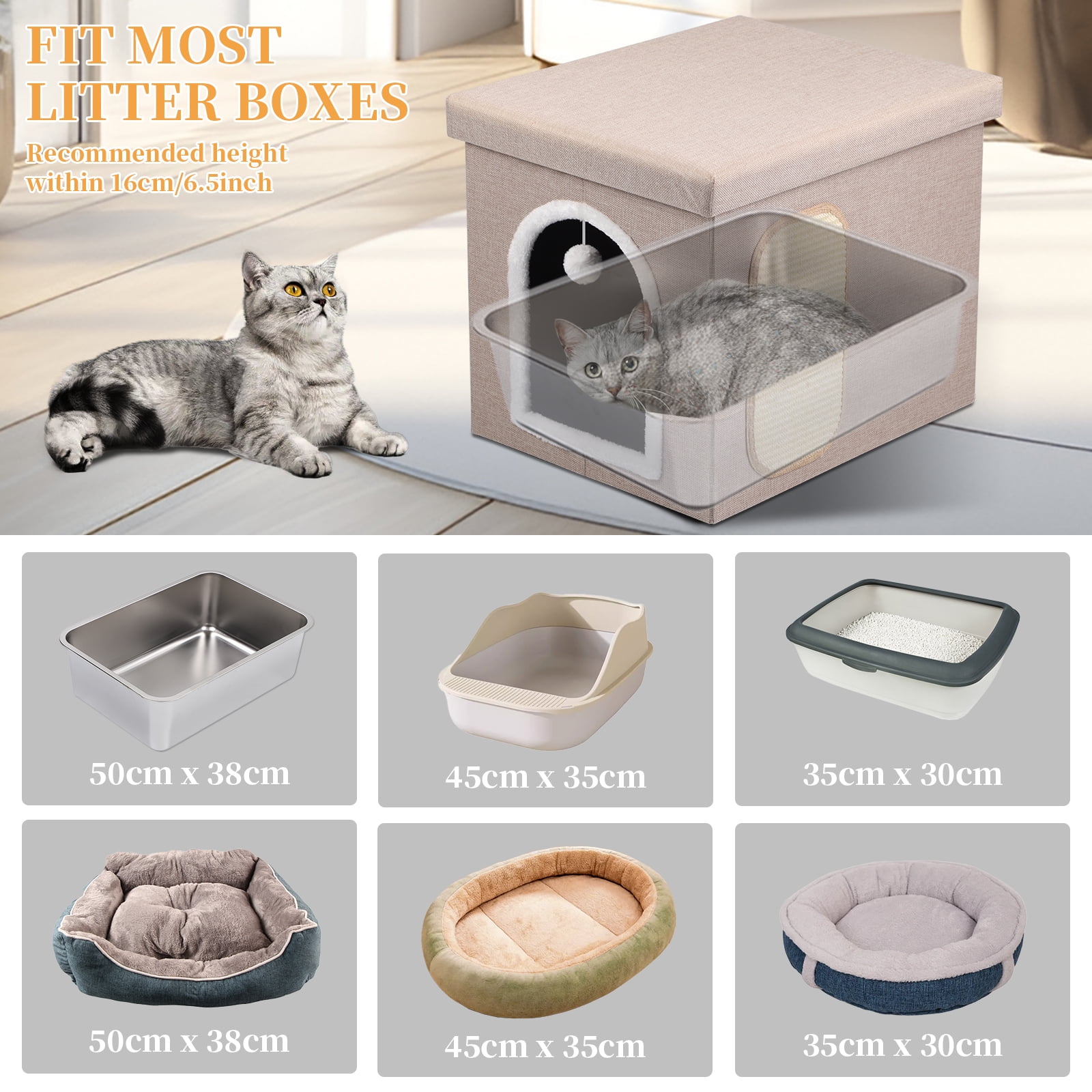 Cat Litter Box Enclosure Furniture, Foldable Hidden Litter Box with Mesh Storage Bag, Litter Box Furniture with Waterproof Inside, Easy Clean