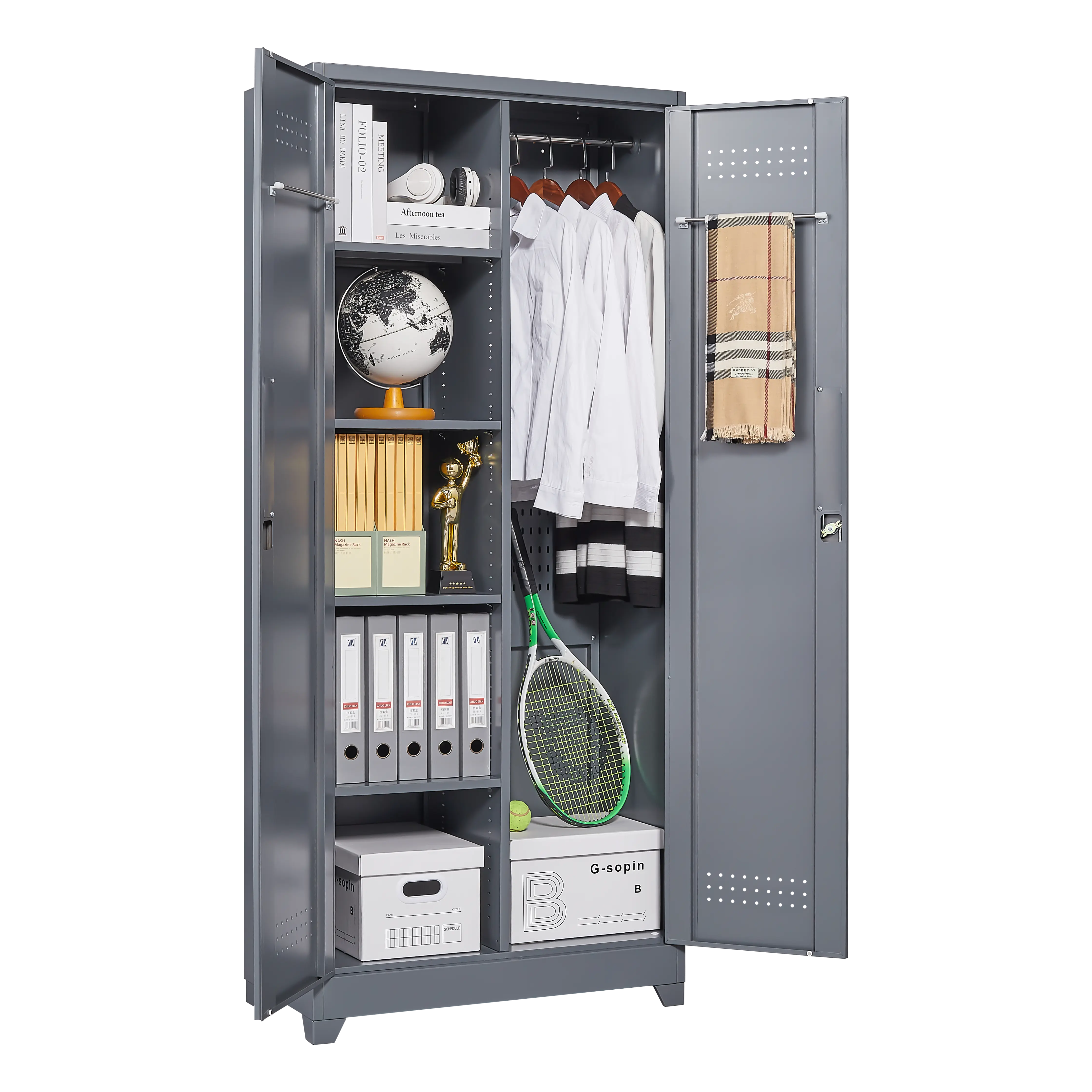 Aukfa 72" Metal Garage Storage Cabinets, Lockable Broom Closet Storage Cabinet with Shelves for Basement/Office/Laundry Room, Gray