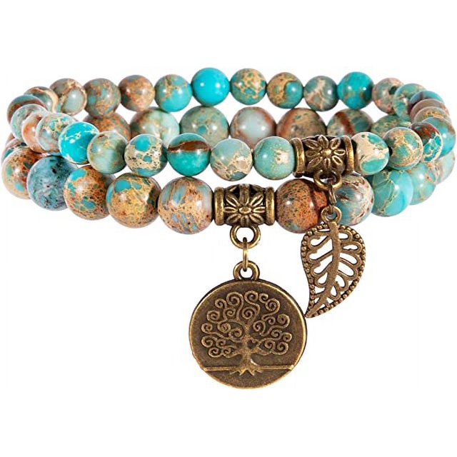 Pulsera de piedras naturales - Pulsera de cuentas naturales para mujer - Juego de dos pulseras con accesorios de árbol de la vida y hojas, C