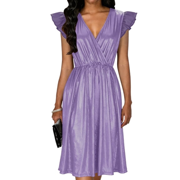 Edvintorg Cocktail Dresses for Women Fashion V-Neck Puff Sleeve A Line Dress Empire Waist Summer Casual Elegant Dresses