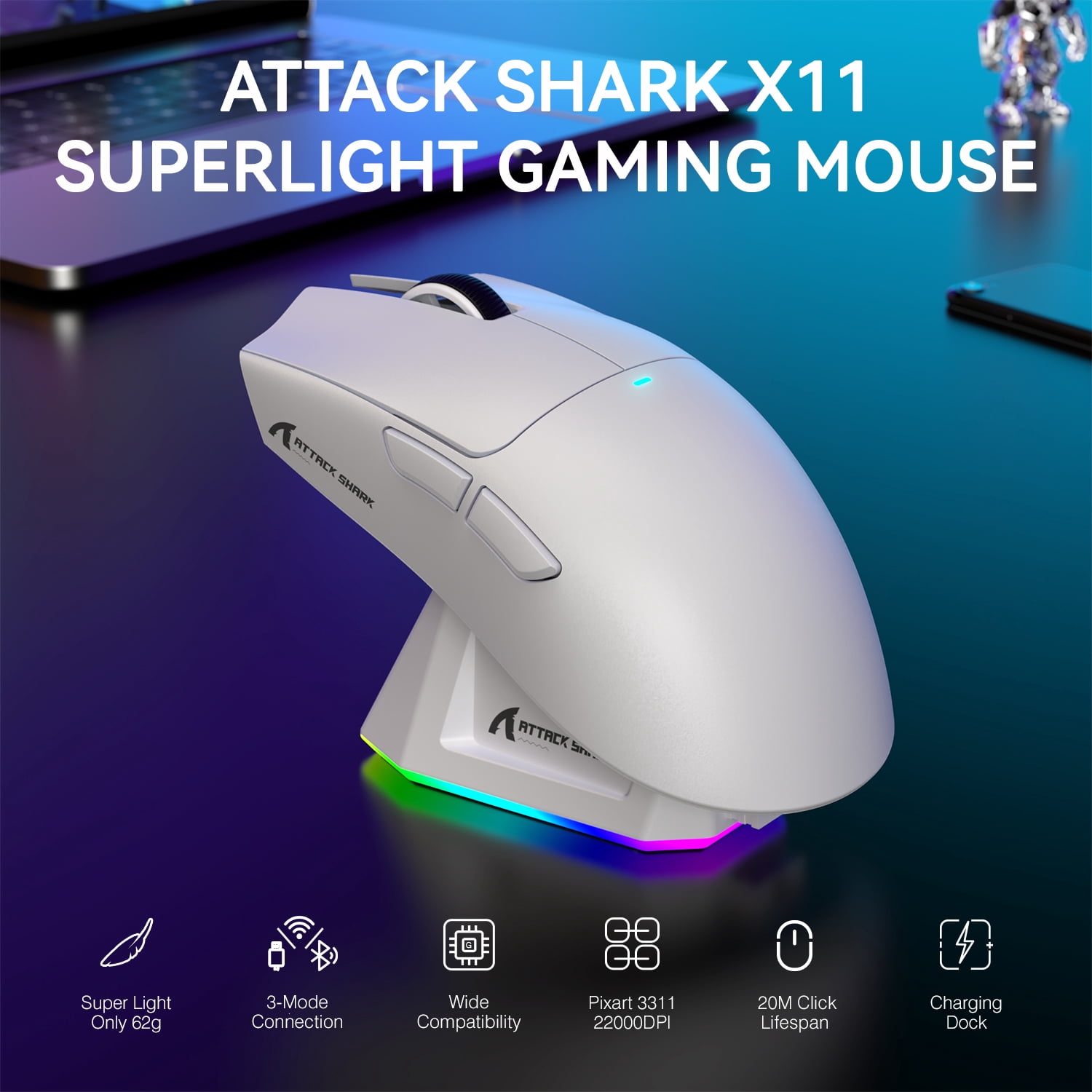 ATTACK SHARK X11 Wireless Gaming Mouse with RGB Charging Dock, Tri-Mode 2.4G/USB-C Wired/Bluetooth, 22000 DPI, PAW3311 Sensor, 5 Programmable Buttons, PC/Mac Compatible, White