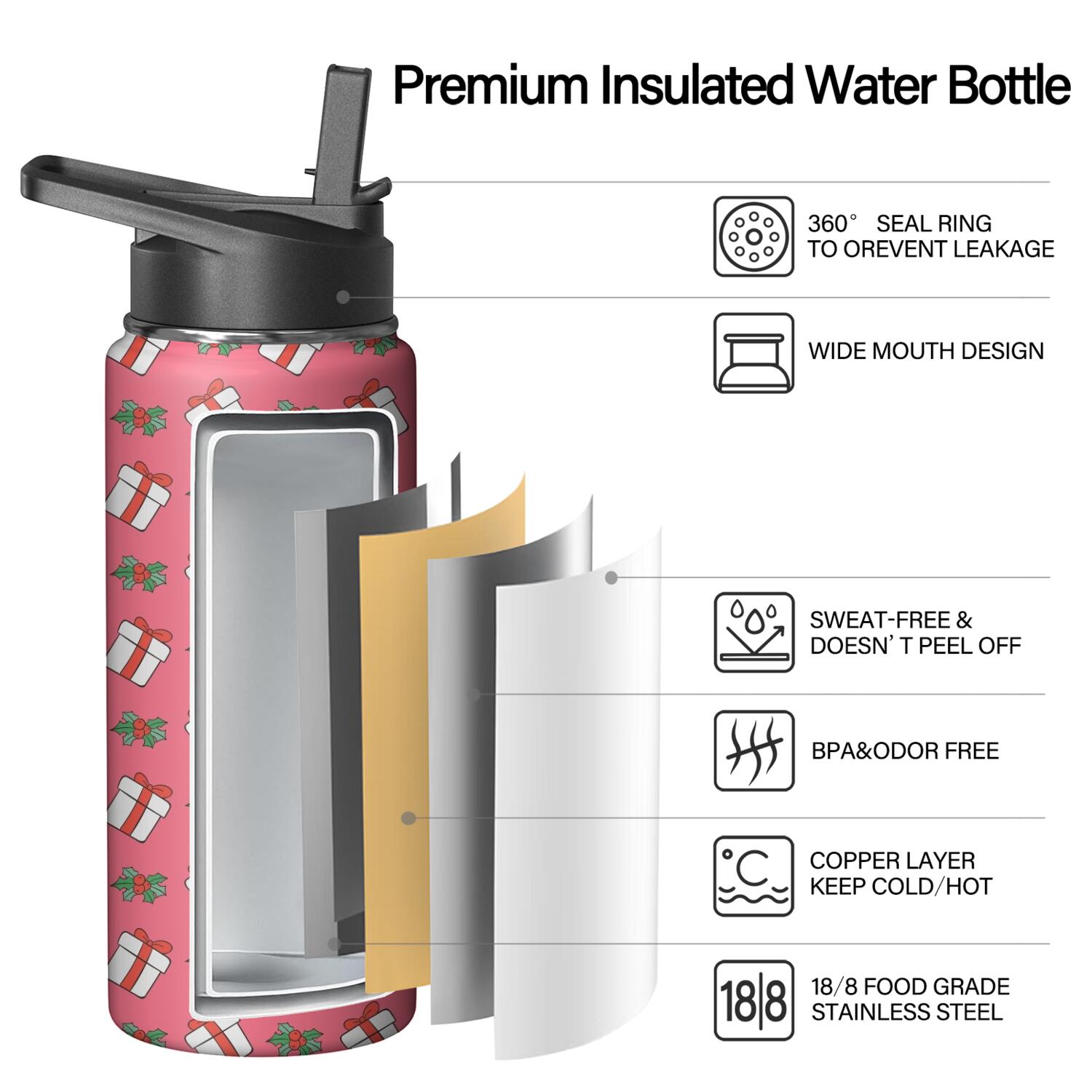 Christmas 18 oz Insulated Stainless Steel Water Bottle with Straw & Cleaning Brush , Leakproof, BPA-Free, 304 Stainless Steel, Wide Mouth, Travel Mug for Car, Gym, Office