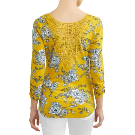 Juniors' Yummy Knit Floral Printed Button Tie Front 3/4 Sleeve Blouse
