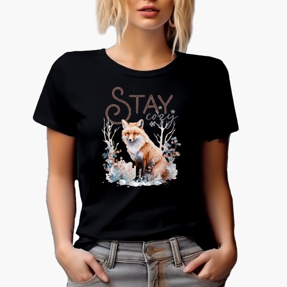 Stay Cozy with Watercolor Fox & Winter or Christmas Season Gift, Black T-Shirt, Small