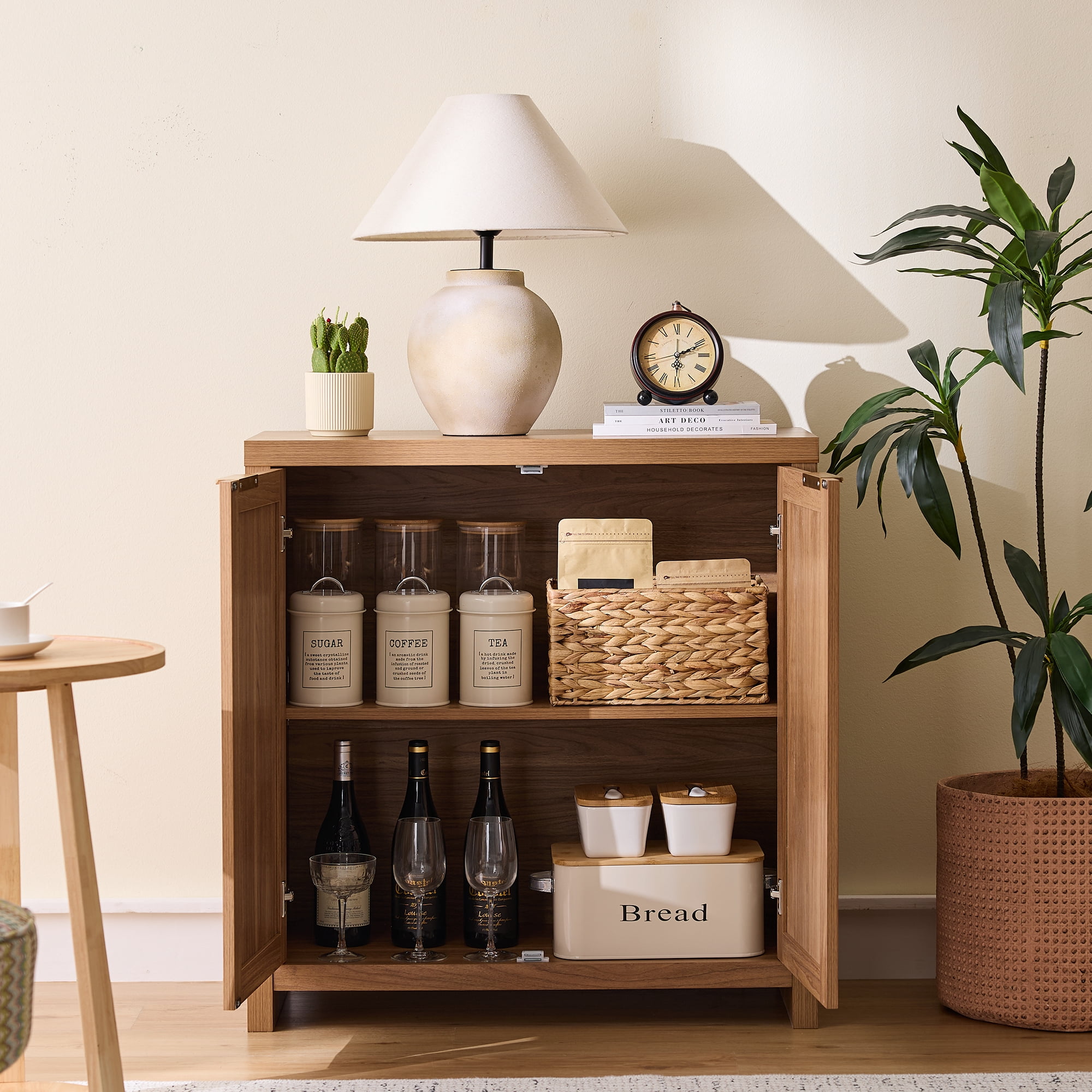 ARKANTOS Sideboard Buffet Cabinet with Large Storage, Boho Rattan Coffee Bar Cabinets with Adjustable Shelves, Buffet Console Table for Kitchen Living Room Hallway, Oak