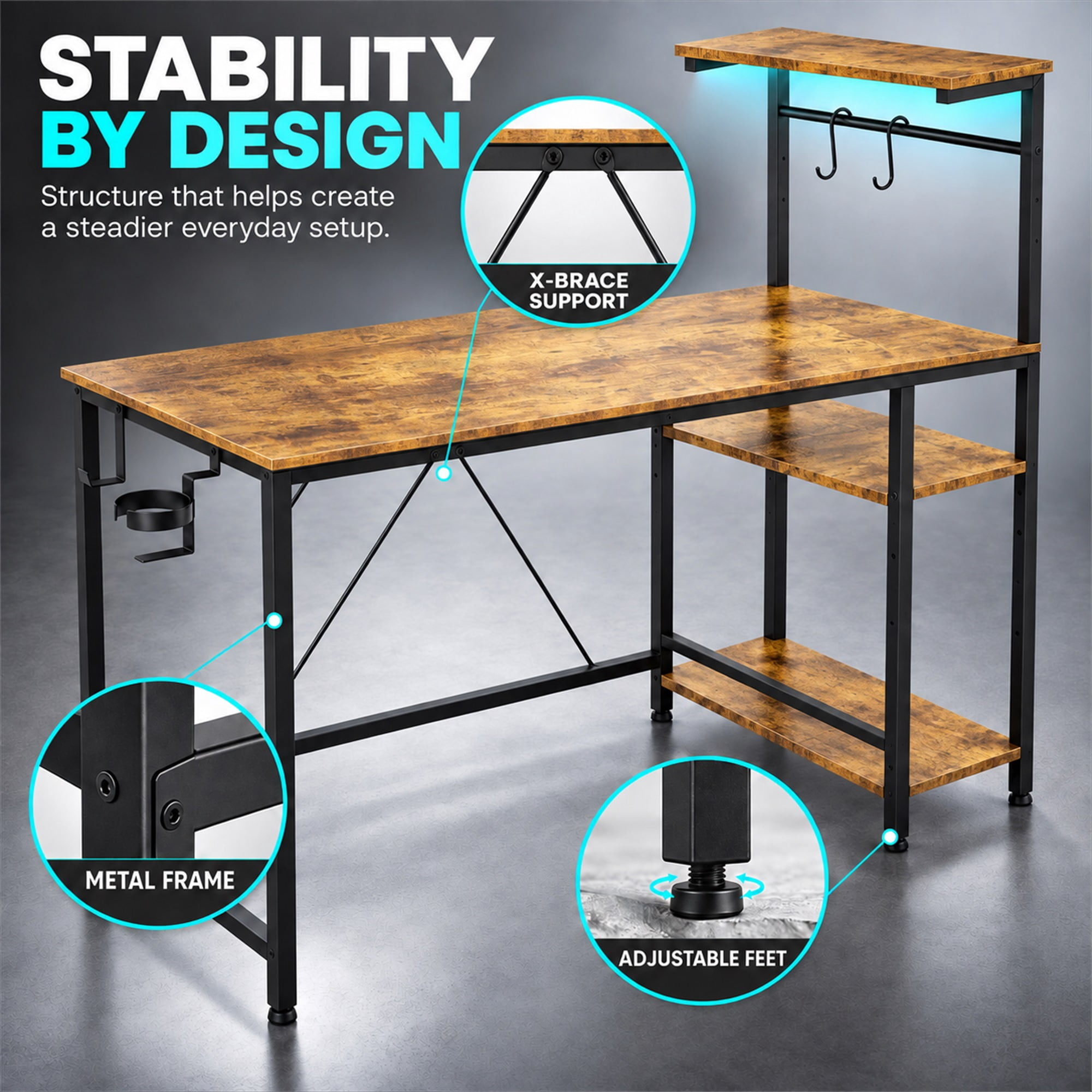 CloudRest Pro 44 Inch Gaming Desk with RGB LED Lights, Reversible Computer Desk with 4-Tier Storage Shelves, Cup Holder and Headphone Hook, Rustic Brown