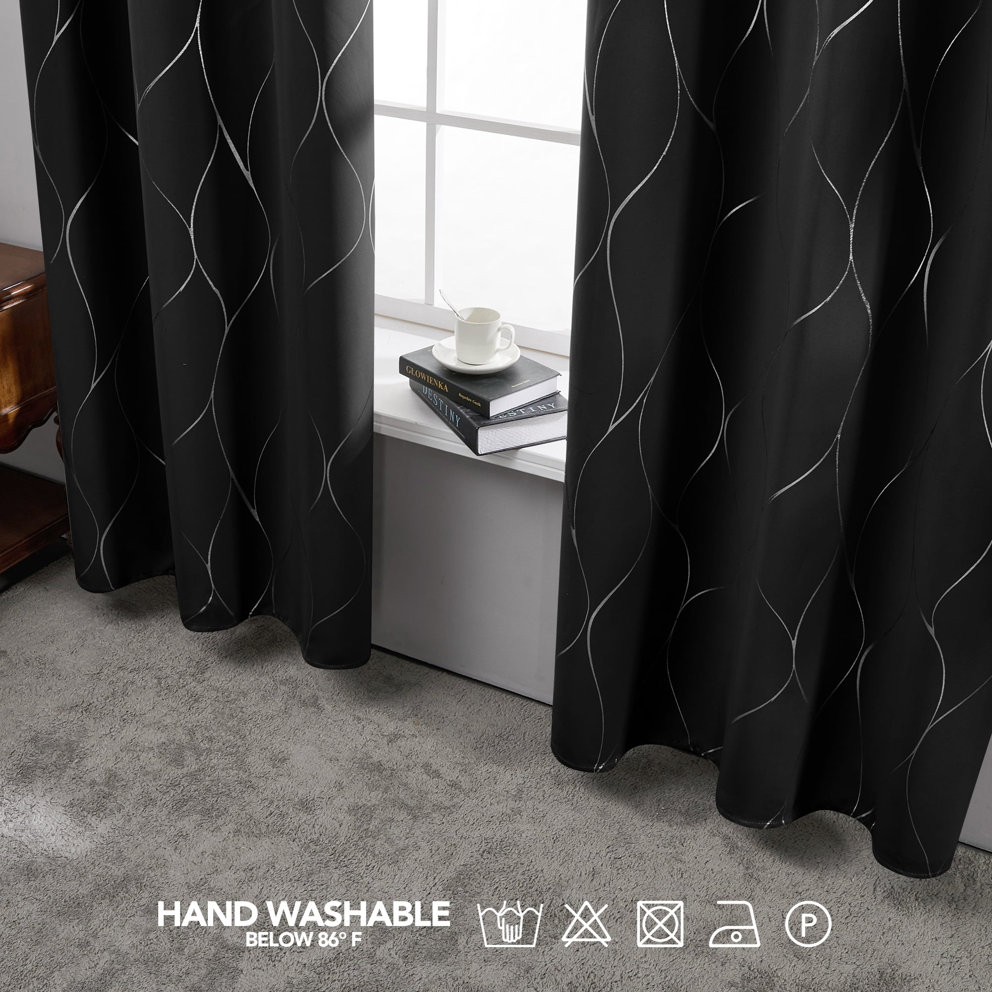 Deconovo Blackout Wave Foil Print Room Darkening Thermal Insulated Curtain 42W x 63L inch, 2 Panels, Black