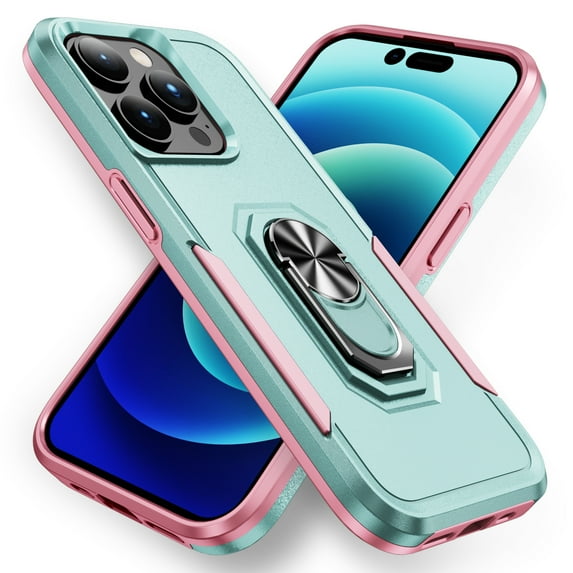 Allytech Hybrid Case Cover for Apple iPhone 15 Pro Max 6.7", with Ring Holder Stand Compatible for Car Mount Rugged Bumper Military Grade Protection Phone Case for iPhone 15 Pro Max - Mint+Pink