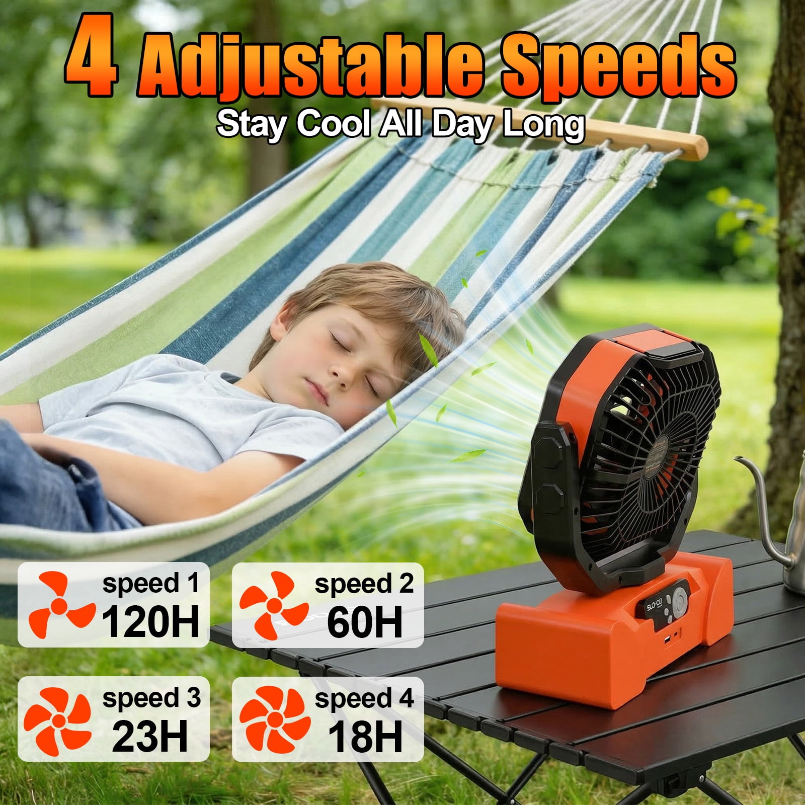 Camping Fan, 40000mAh Rechargeable Portable Fan with LED Lantern,Battery Powered Fan with 270°Head Rotation, 4 Speed Fan for Tents, Picnic, BBQ, Fishing, Outdoor