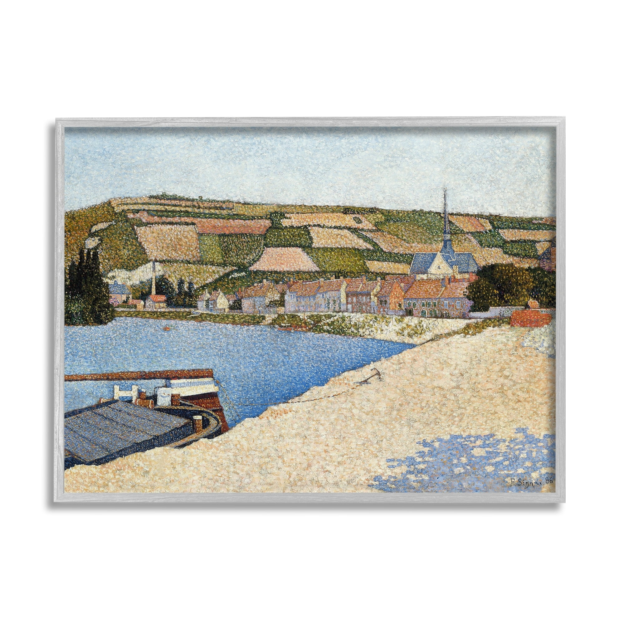 Stupell Industries Rural Waterside Town Boat Dock Distant Farmland Painting Gray Framed Art Print Wall Art, Design by Lettered and Lined