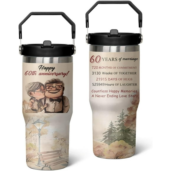60th Wedding Gifts Anniversary Cups, Diamond Wedding 60th Anniversary Cups, 60th Anniversary Cup For Couple Parents Friends, 30 Oz Stainless Steel Tumbler with Handle and Flip Straw (1 PC)