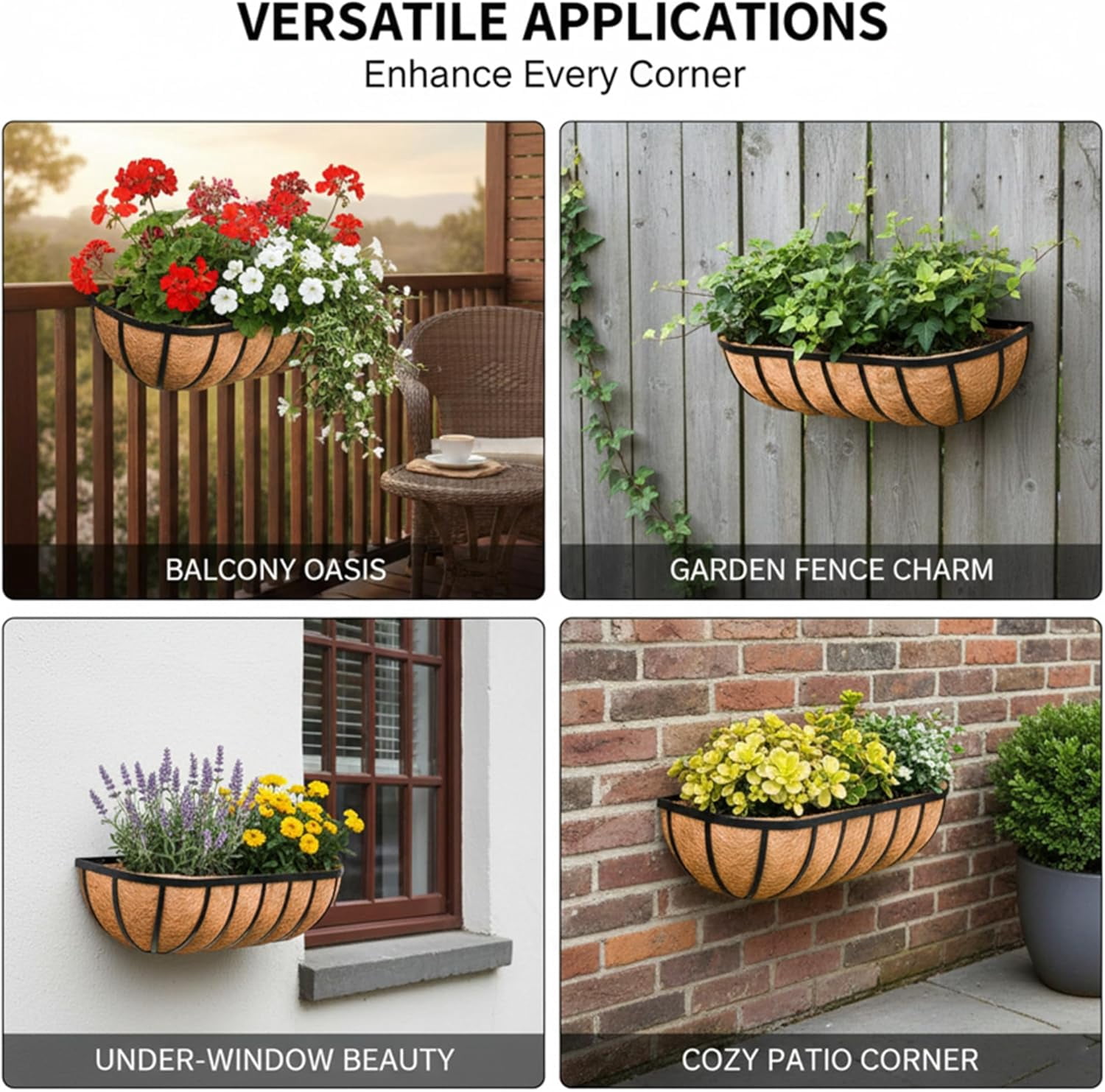 24“ Window Box Railing Planter with Coco Liner Metal Wall-Mounted Coconut Liner Planter Basket English Horse Trough Planters for Outdoor Deck Balcony Porch Fence Patio Black (4 Pack)