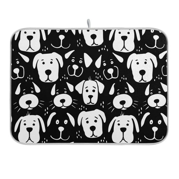 Black White Dog Face Dish Drying Mat 16x18 Absorbent Microfiber Draining Rack Pad for Kitchen Counter Sink