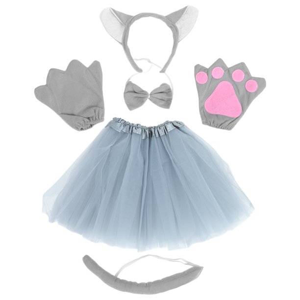 FELTECHELECTR Conjunto de 5 piezas en 1 para disfraz de lobo grande, diadema, pajarita, guantes, cola, falda de malla, para actuación infantil, disfraz de Halloween
