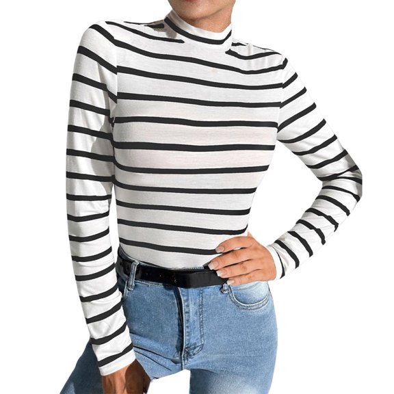 HCURIBAD Long Sleeve Shirts for Women, Womens Half High Neck Pinstripe Long Sleeve Slim Bottom Top Shirts, Womens Sweatshirt, Striped Shirt Women