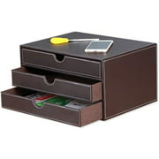 SYRWDXTX PU Leather Wooden Organizer File Cabinet Office Supplies Desktop Storage Organizer Box with Drawer 3-Drawer
