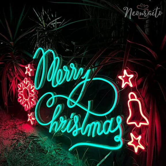 Merry Christmas Neon LED Light Sign, 32 x 18 Inches, With Bells and Stars in Red & Green Color for Party Kids Bedroom Wedding Bar Pub Club Christmas Decor