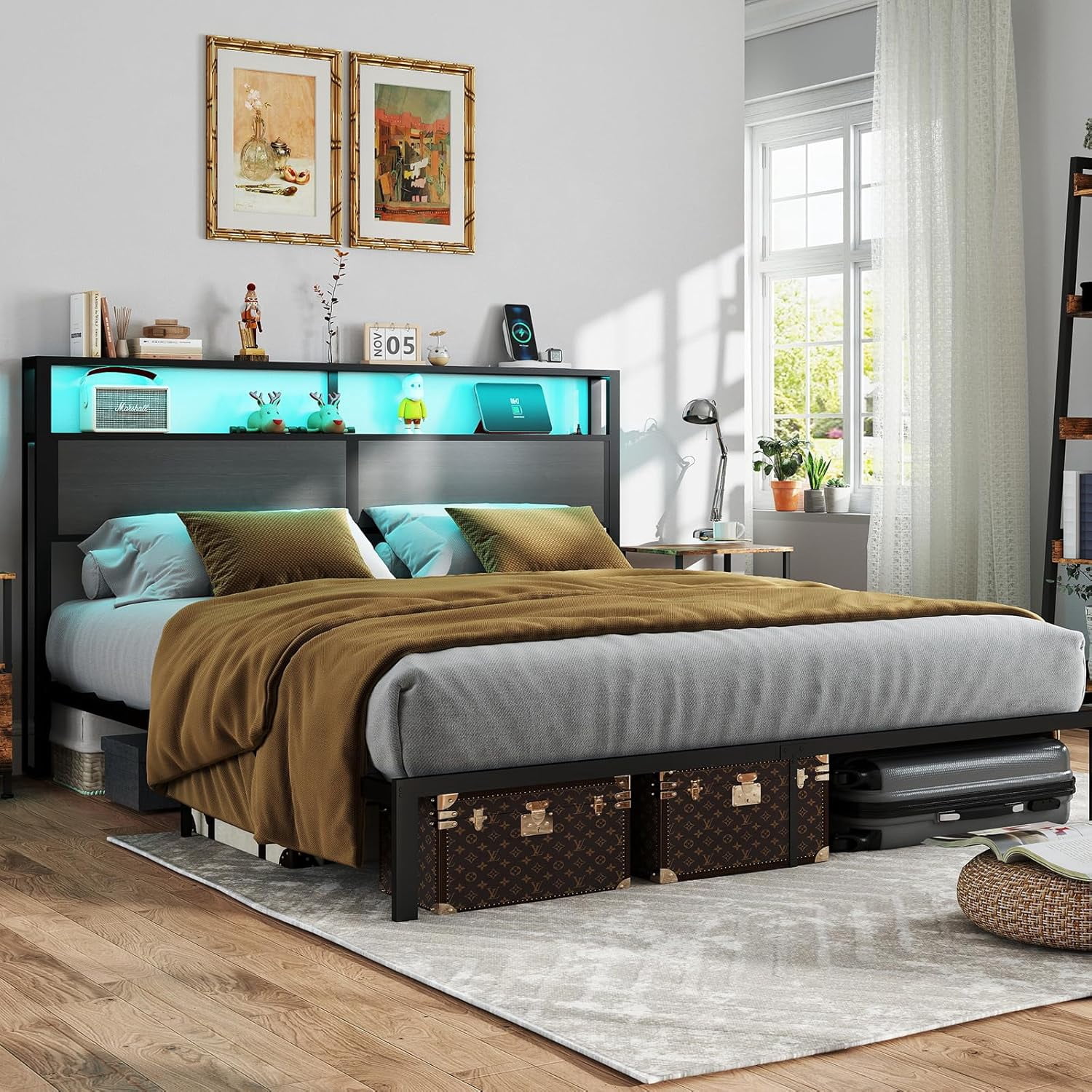DRNANLIT Queen  Bed Metal Platform Bed Frame with LED Lights Storage Headboard＆Charging Station,Noise Free, Easy Assembly, Dark Grey