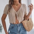 thumbnail image 4 of Womens Crop Cardigans Casual Crochet Lightweight Tie Front Short Sleeve Tops Ladies Sexy Solid Trendy Hollow Out Cardigan Cropped Top Christmas Gifts, 4 of 8