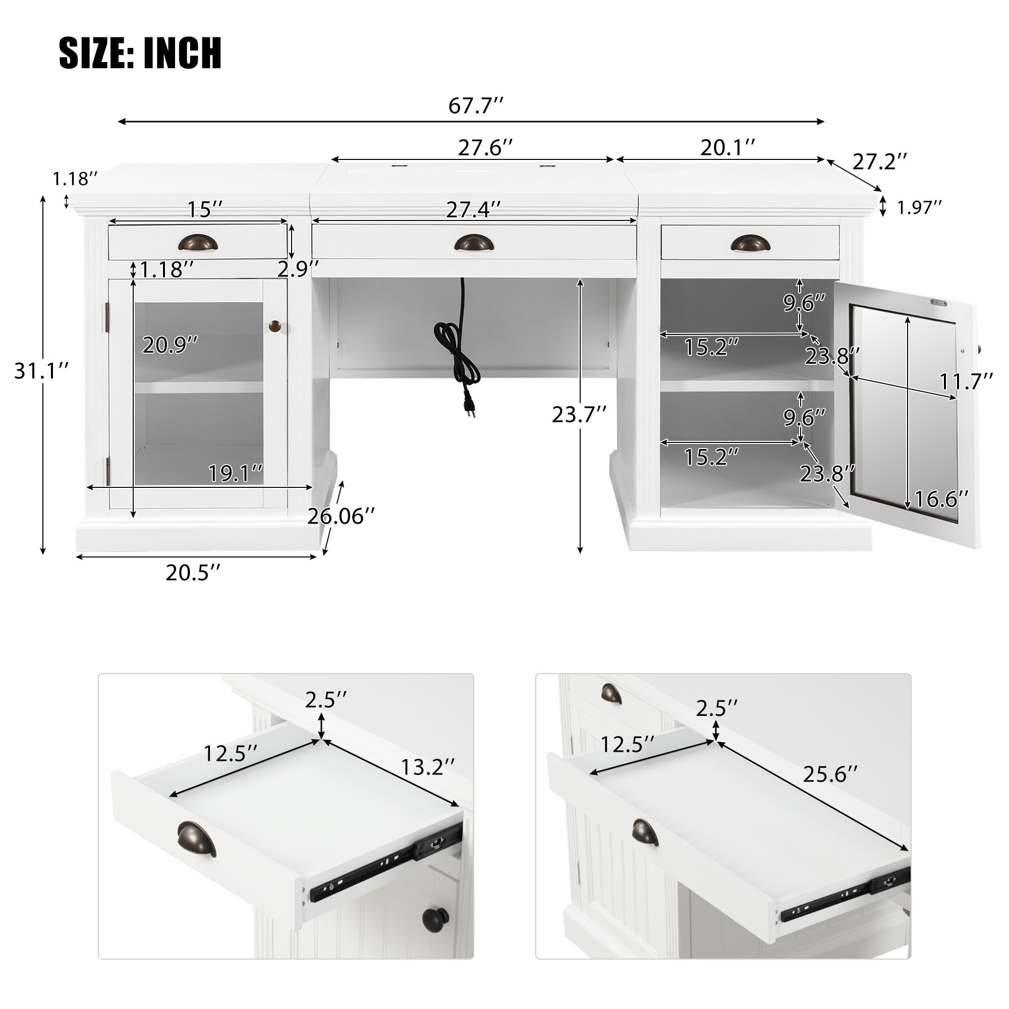 DTTRA 67" Modern Executive Desk with 3 Drawers & 2 Cabinets, Built-in Outlets, White