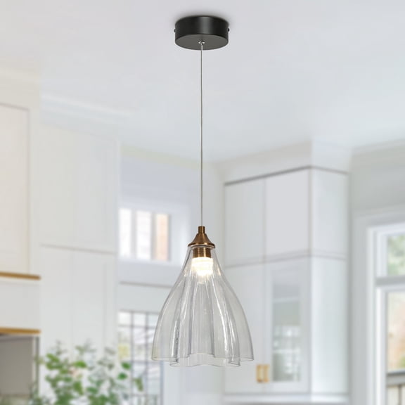 LNC Modern Gold Pendant Light with Clear Flower-Shaped Glass Shade, Dimmable LED Fixture